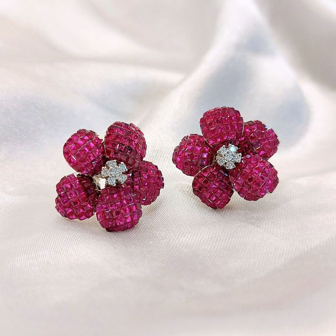 Flower Design Ruby&White Sapphire Stud Earrings