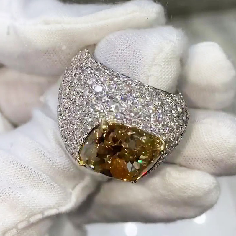 12.35ct Cushion Cut Yellow Sapphire Pave Men's Ring