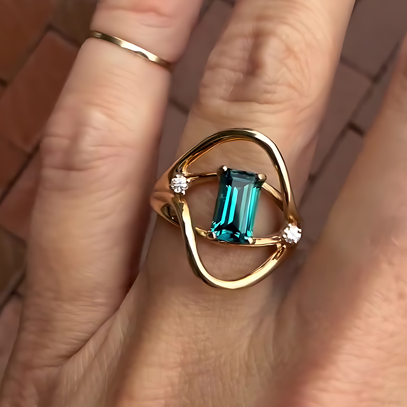 2ct Emerald Cut Teal Tourmaline Open-Frame Ring