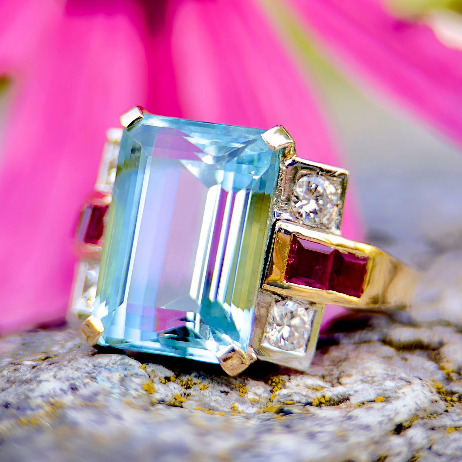 7ct Art Deco Emerald Cut Aquamarine Sapphire Engagement Ring