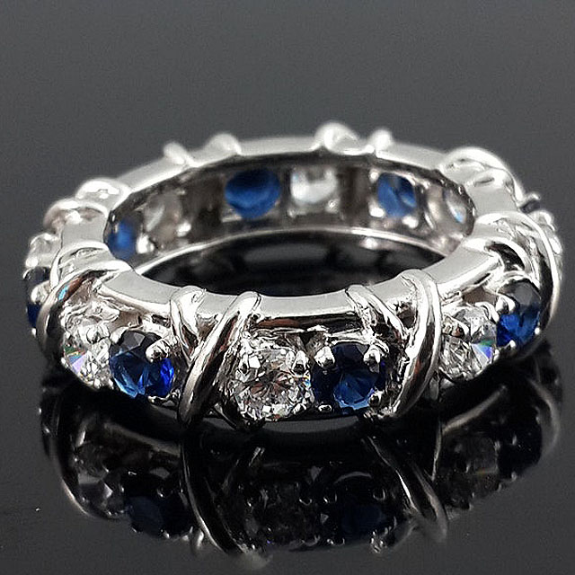 Luxury 16-Stone Blue Sapphire Eternity Ring For Ladies