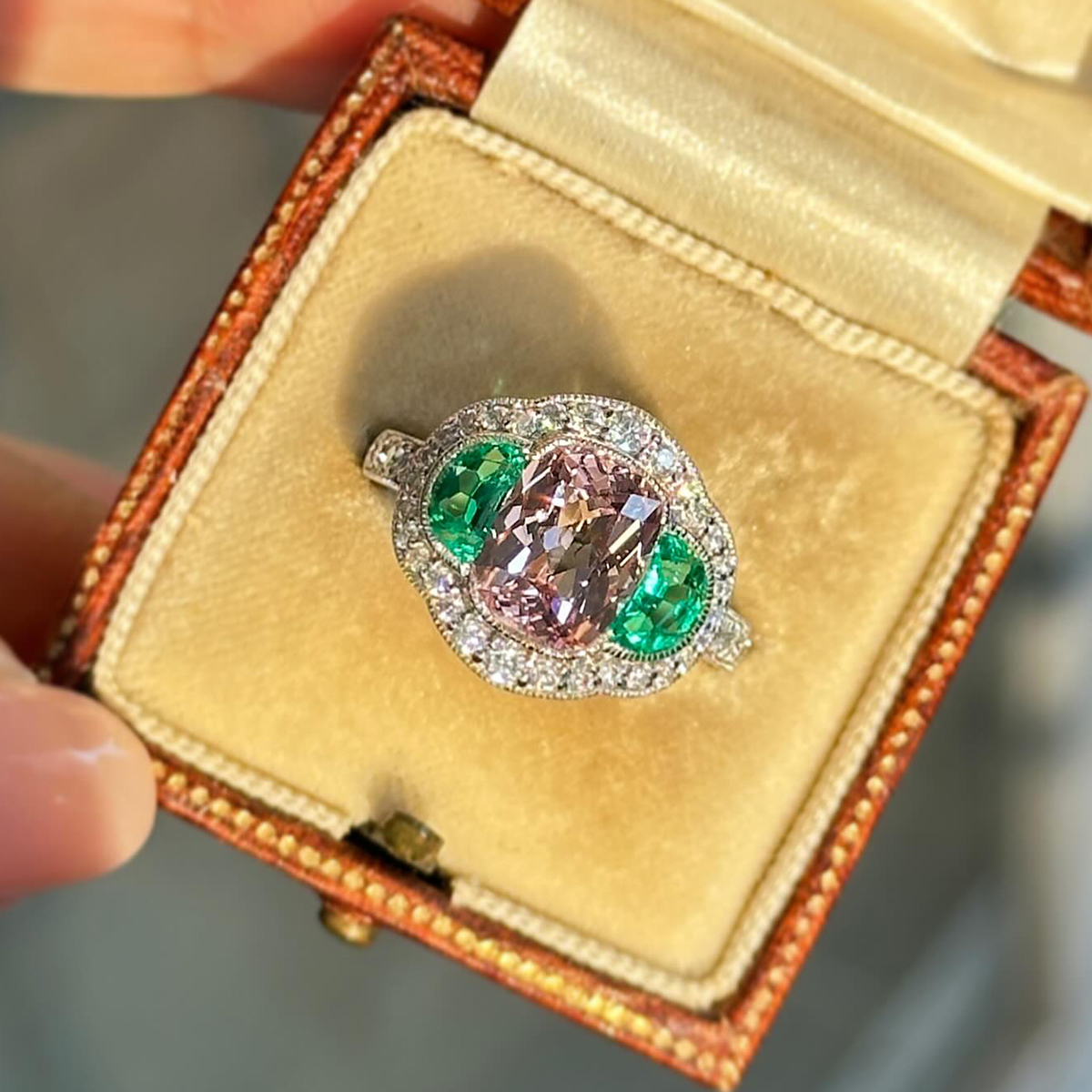 Chic Contrast 2ct Cushion Cut Pink & Emerald Sapphire Halo Ring