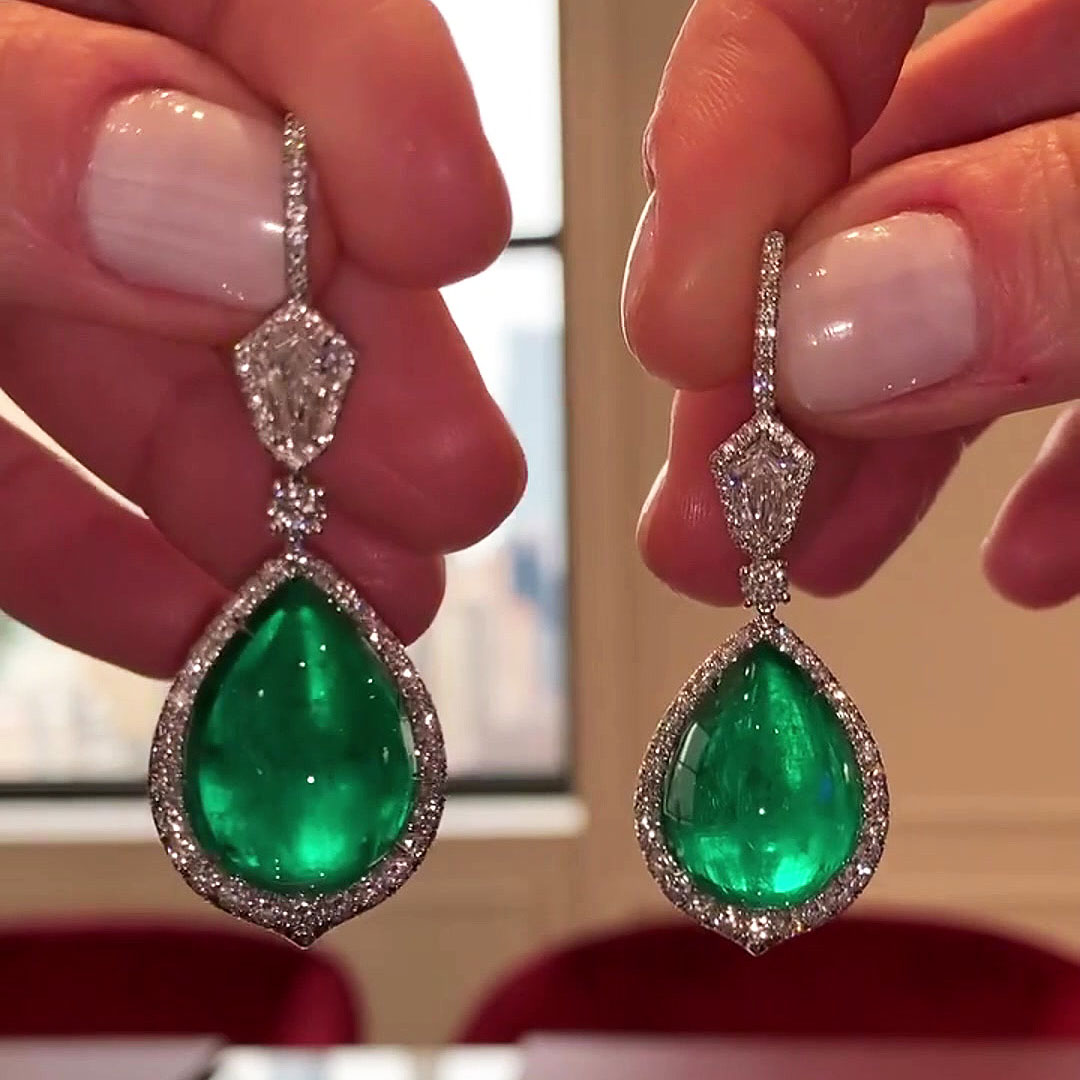 Micropavé Pear Cut Emerald Sapphire Dangle Earrings