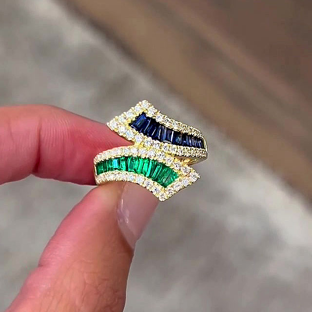 5.75ct Tapered Baguette Cut Green&Blue Sapphire Eternity Ring