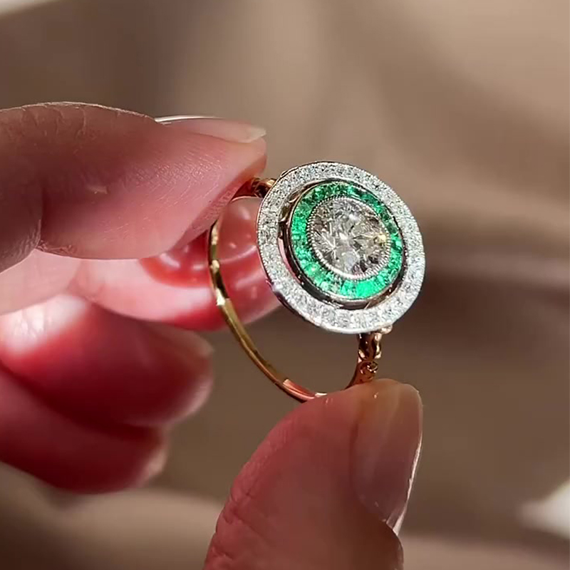 Emerald & White Sapphire Round & Princess Cut Halo Engagement Ring