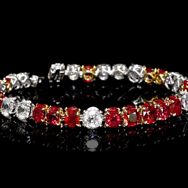 Cushion&Round Cut Ruby&White Sapphire Chain Bracelet