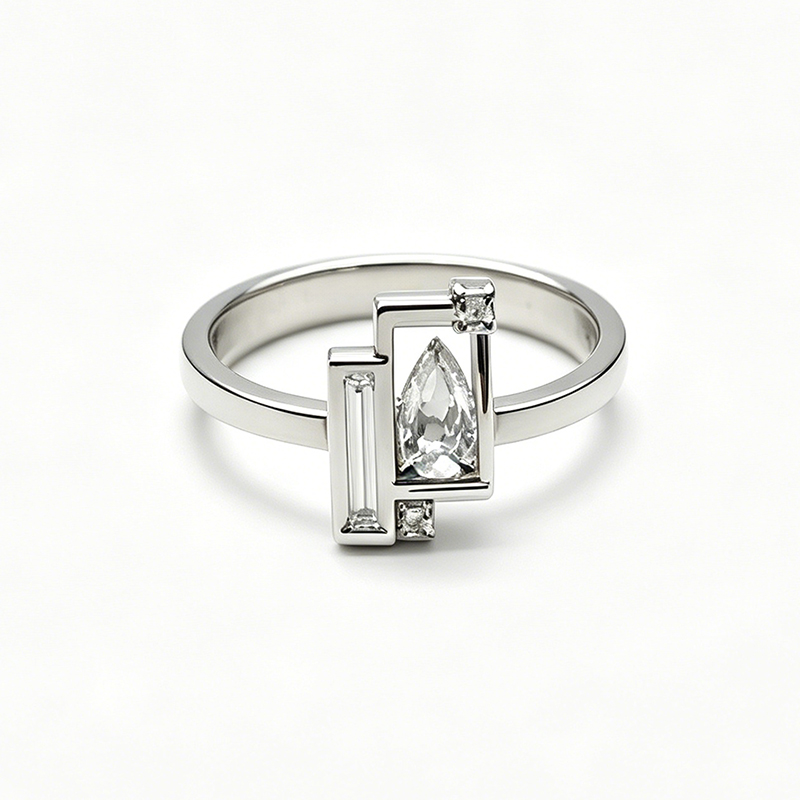 Art 1.25ct Pear & Rectangle Cut White Moissanite Open Frame Engagement Ring（2 Color Options）