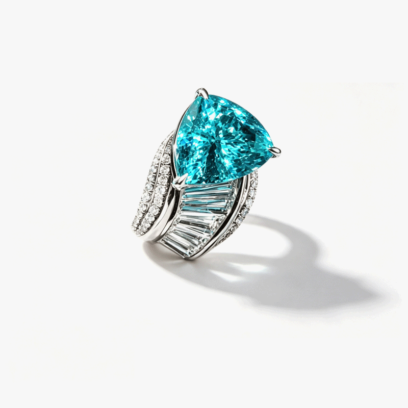4.25ct Trillion Cut Paraiba & Trapezoid White Sapphire Cocktail Ring