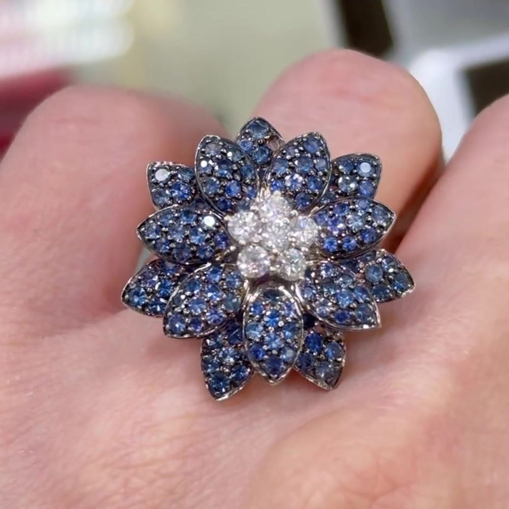 Flower Design 2.3ct Round Cut Sapphire&Diamond Cocktail Ring