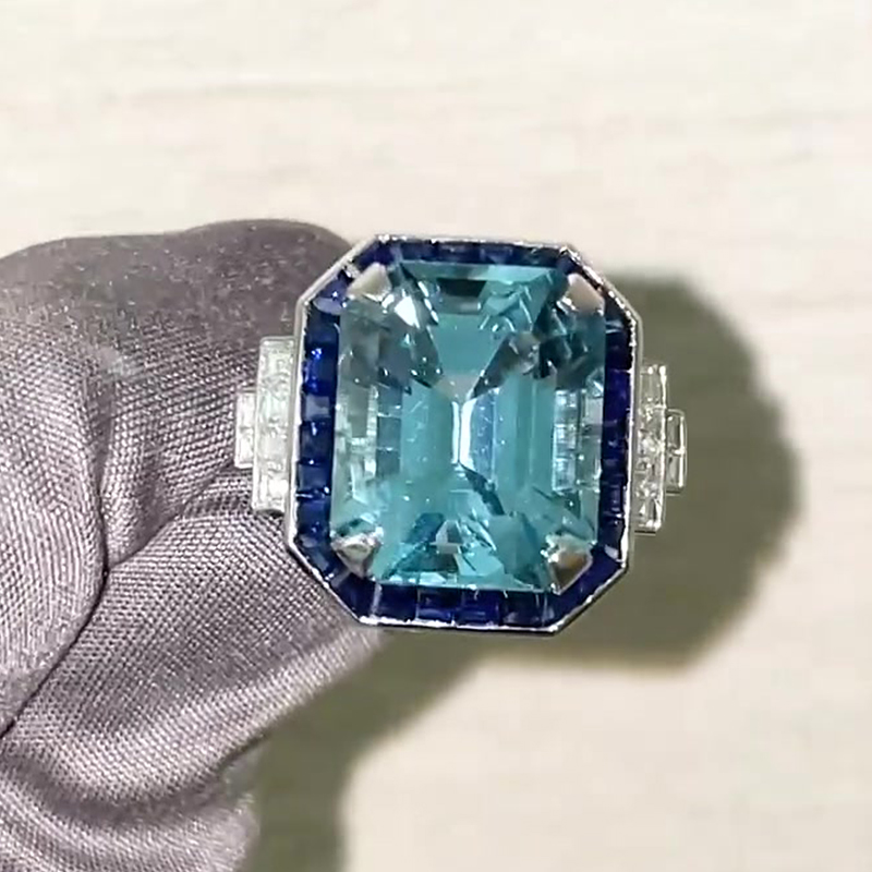 5ct Emerald Cut Aquamarine & Sapphire Cocktail Ring