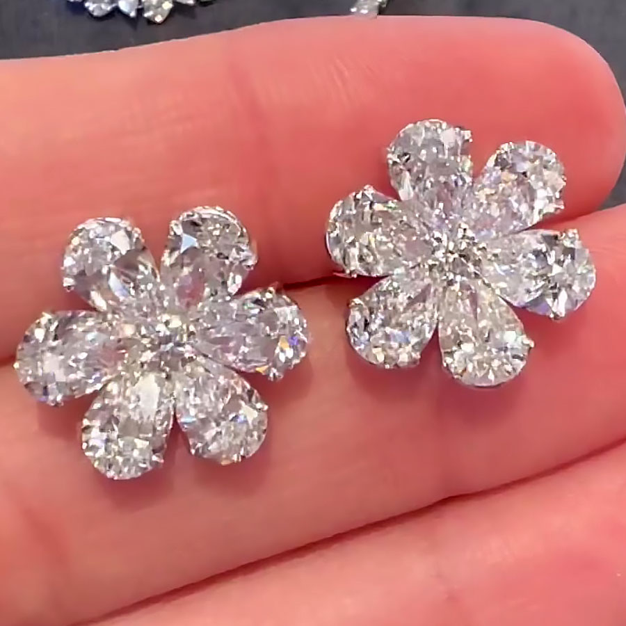 Flower Design Pear Cut White Sapphire Stud Earrings