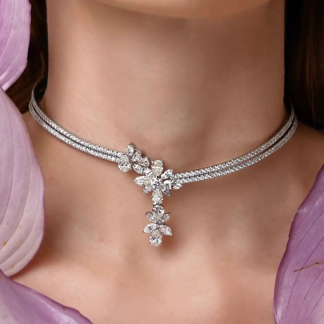 Art Deco White&Blue Sapphire Necklace&Earrings Set/2pcs