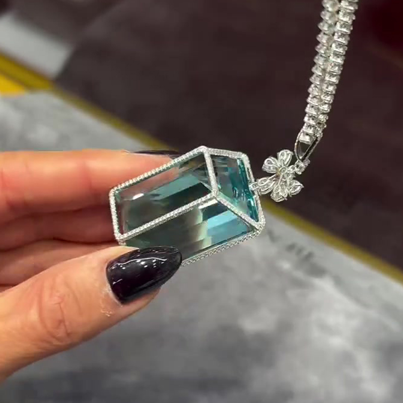 Halo Emerald Cut Aquamarine Sapphire Pendant Necklace