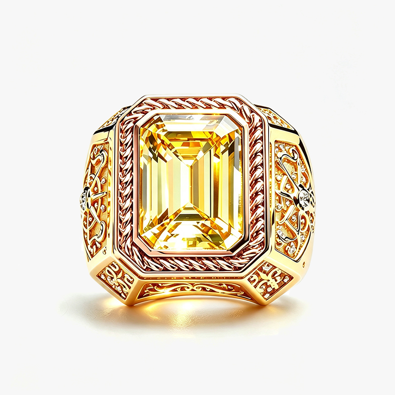 4ct Emerald Cut Yellow Sapphire Two-Tone Gold Vintage Engraved Men's Ring