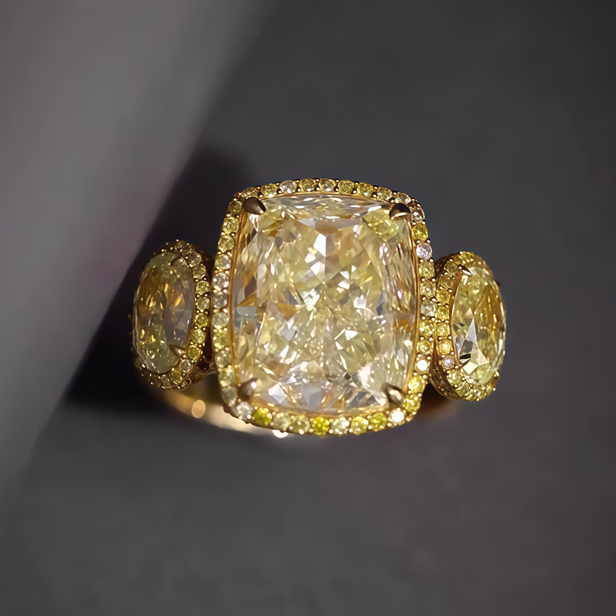 3ct Cushion Cut Yellow Sapphire Three Stone Ring