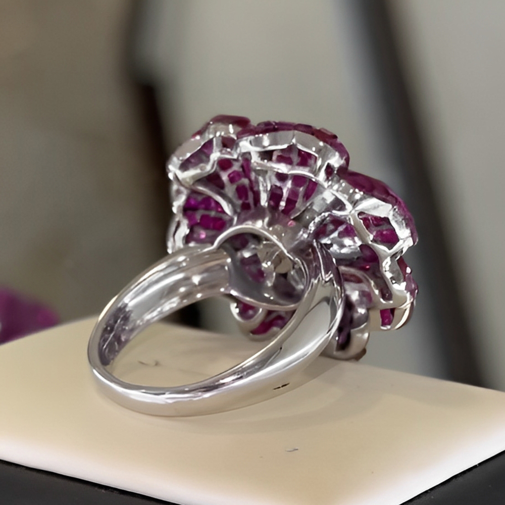 Flower Design 9.6ct Ruby&White Sapphire Cocktail Ring
