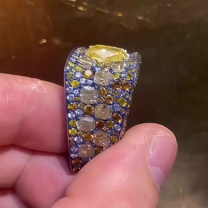 Cushion Cut Fancy Yellow Diamond & Multi-Gem Statement Ring
