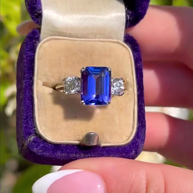 3ct Emerald Cut Blue Sapphire Engagement Ring