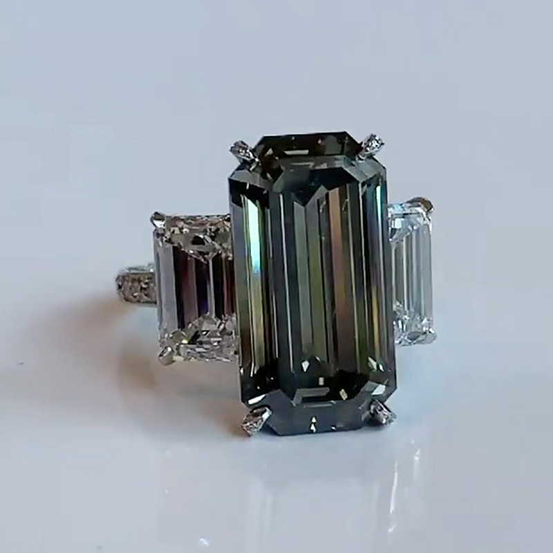 Three Stone 5ct Emerald Cut Deep Peridot Sapphire Ring