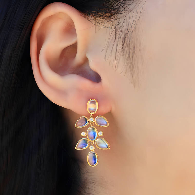 Pear&Oval Cut Rainbow Moon Stone Drop Earrings