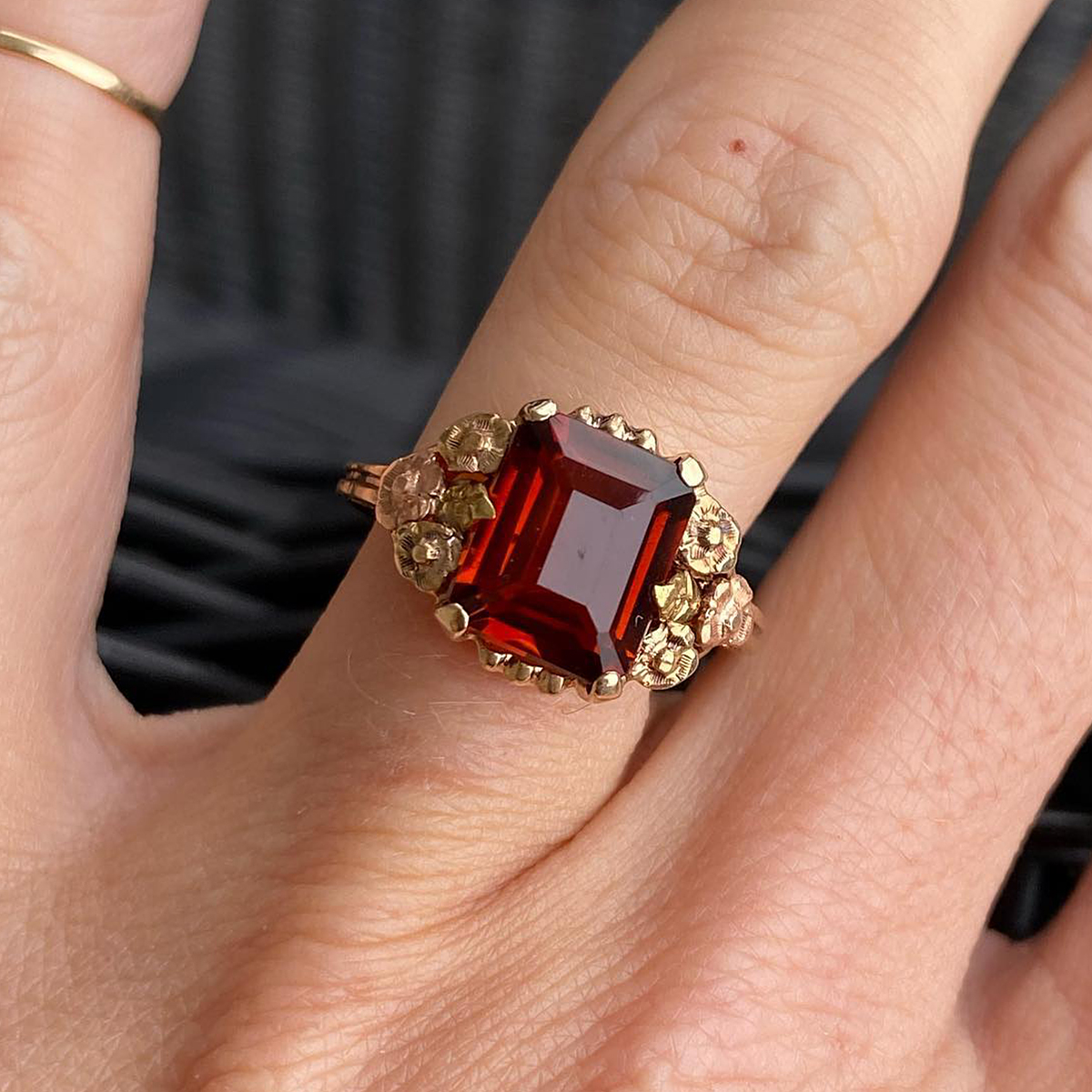 Vintage Floral 4ct Emerald Cut Garnet Sapphire Engagement Ring