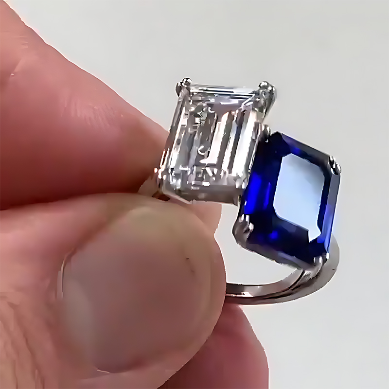 Toi et Moi Emerald Cut Blue & White Sapphire Engagement Ring