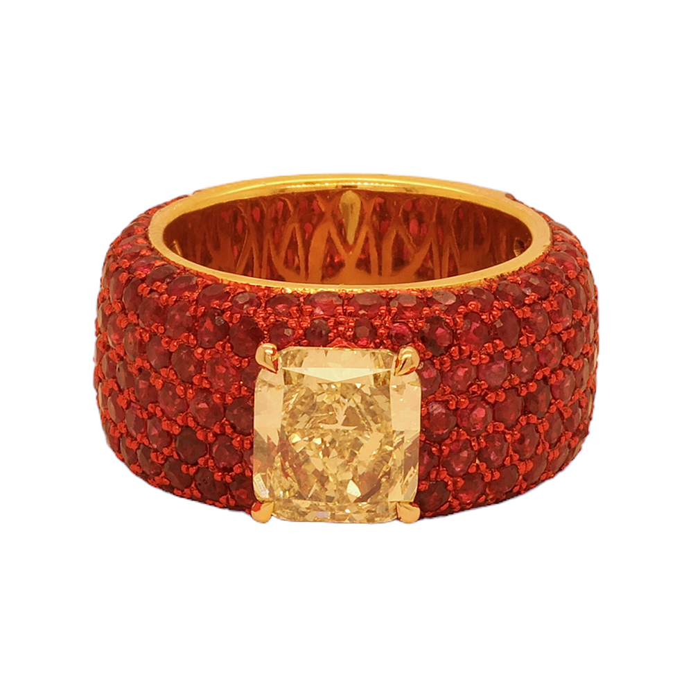 7ct Radiant Cut Fancy Yellow Sapphire Ring &Ruby Paved