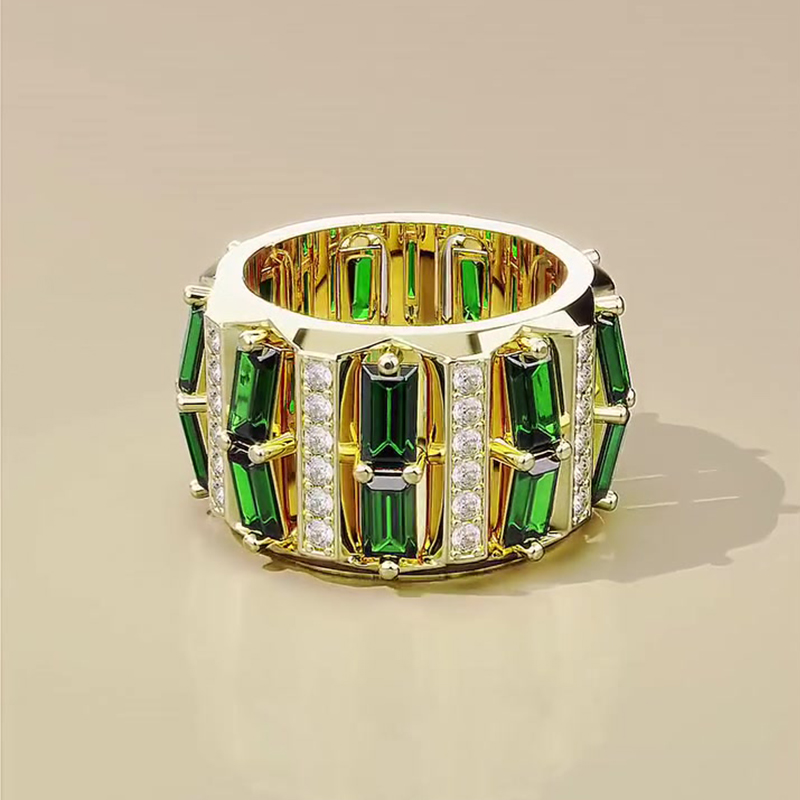 Baguette Emerald & White Sapphire Wide Band Statement Men's Ring
