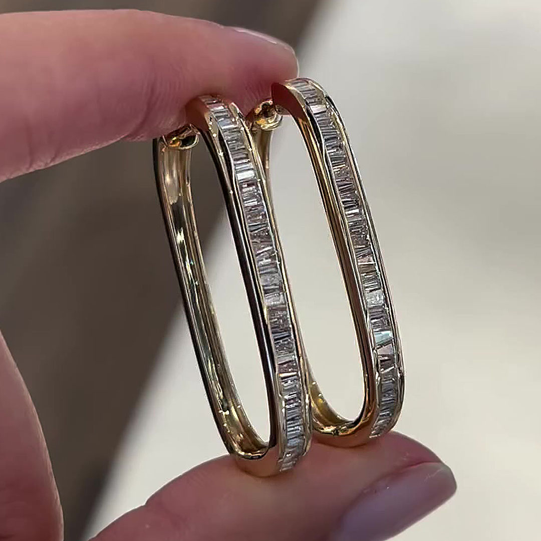 Emerald&Trapezoid Cut White Sapphire Hoop Earrings