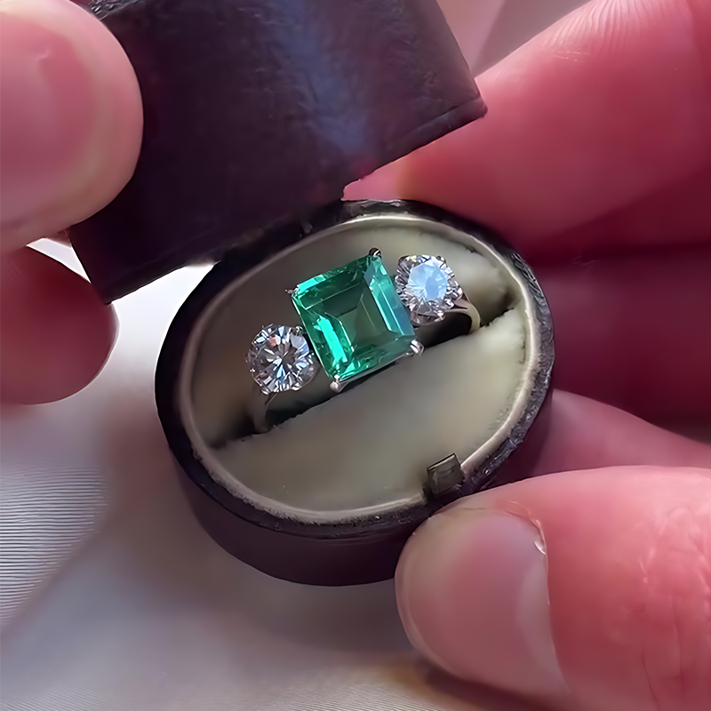 Classic 3ct Emerald Cut Emerald & White Sapphire Three Stone Engagement Ring