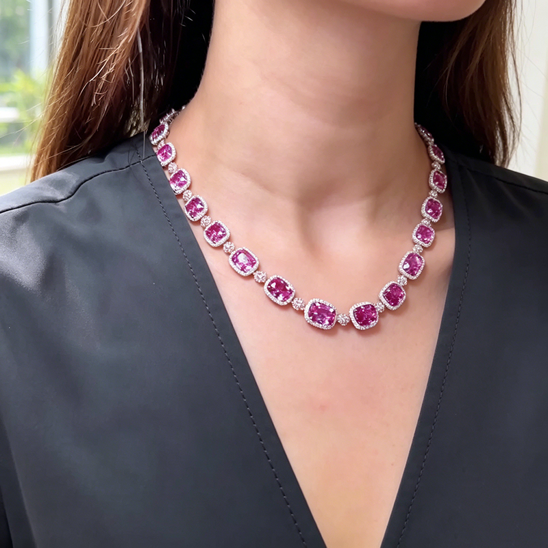Cushion Cut Pink & Round Cut White Two-Tone Sapphire Necklace