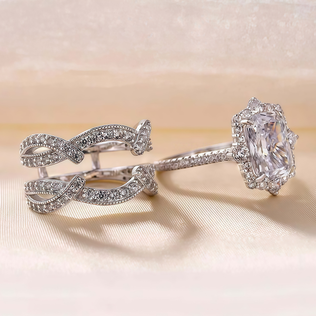 Radiant Cut Ring With Halo Diamond Matching Double Twisted Pave Set Wrap Enhancer Band / 2pcs