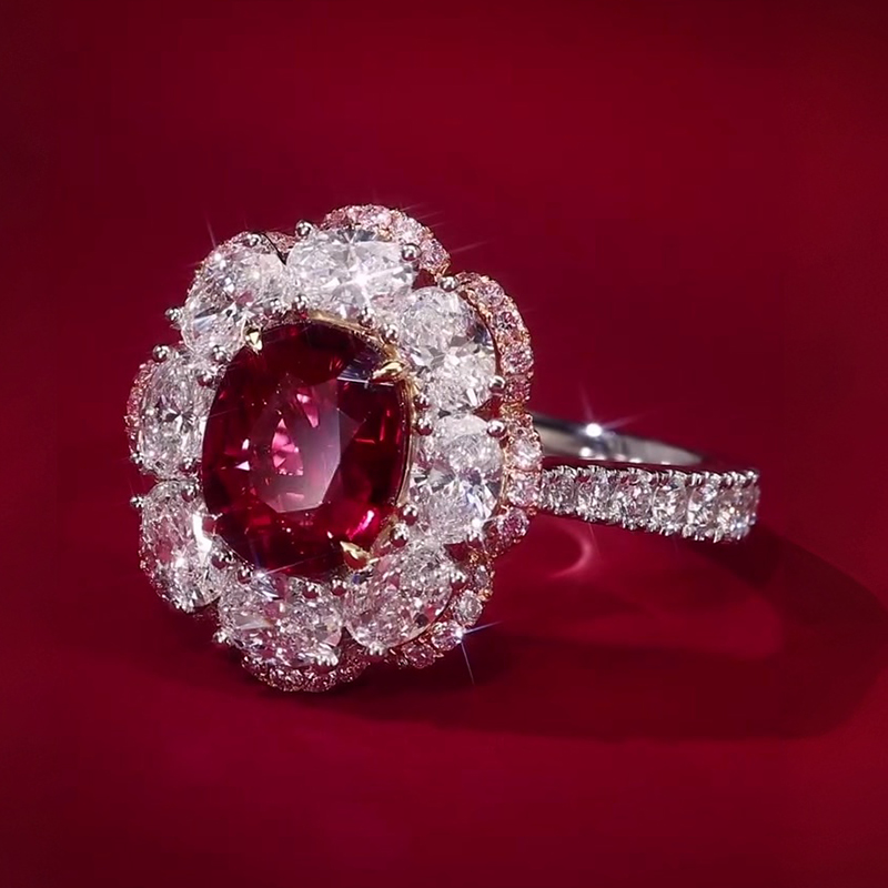 Romantic Floral 3ct Oval Cut Vivid Red Ruby & White Sapphire Statement Ring