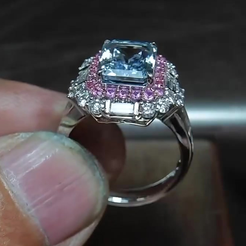 Double Halo 6ct Radiant Cut Light Blue Sapphire Engagement Ring