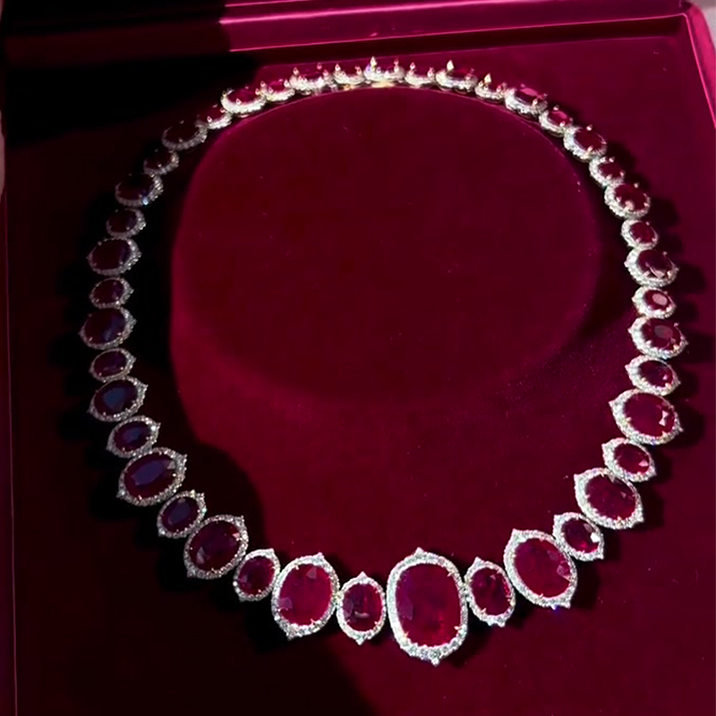 Oval Cut Vivid Red Ruby & White Sapphire Necklace