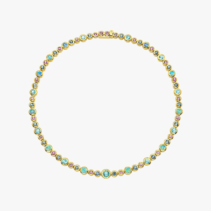 Fashion Round Cut Opal & Multicolor Sapphire Tennis Necklace