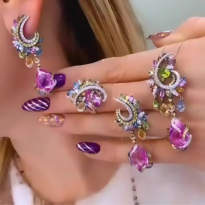 Rainbow Gemstone 3-Piece Jewelry Set (Necklace, Ring, Earrings)