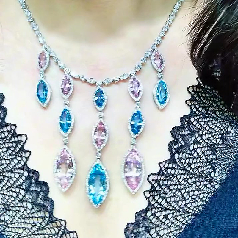 Marquise Cut Pink & Aquamarine Cascading Fringe Statement Necklace