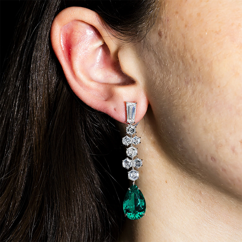 Two Tone White&Emerald Sapphire Drop Earrings