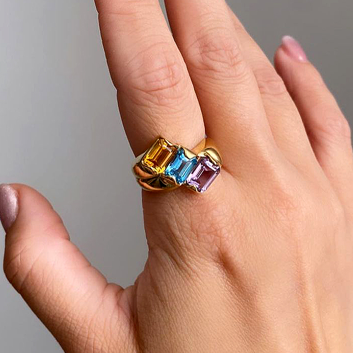 6ct Emerald Cut Rainbow Sapphire Eternity Ring