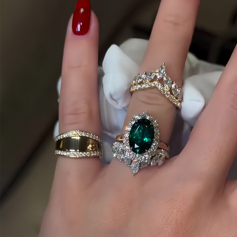 Halo 4ct Oval Cut Emerald Sapphire Wedding Set/3pcs