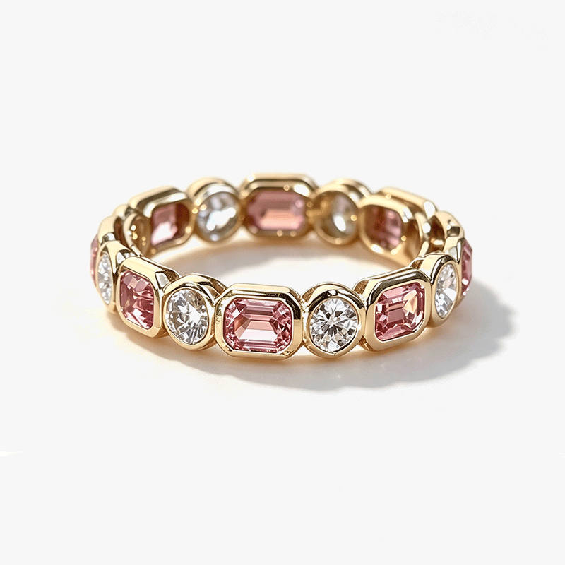 Fashion 5.58ctw Emerald Cut Pink & Round Cut White Sapphire Wedding Bands
