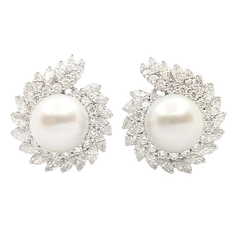 Art Deco Pearl&White Sapphire Stud Earrings