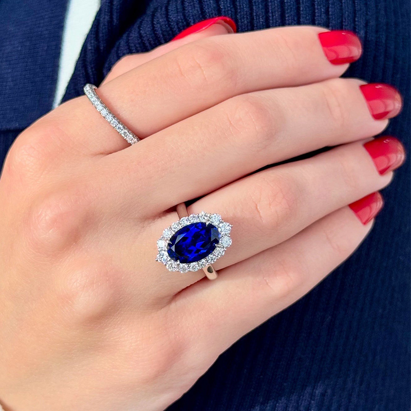 Halo 4ct Oval Cut Blue Sapphire Classic Engagement Ring
