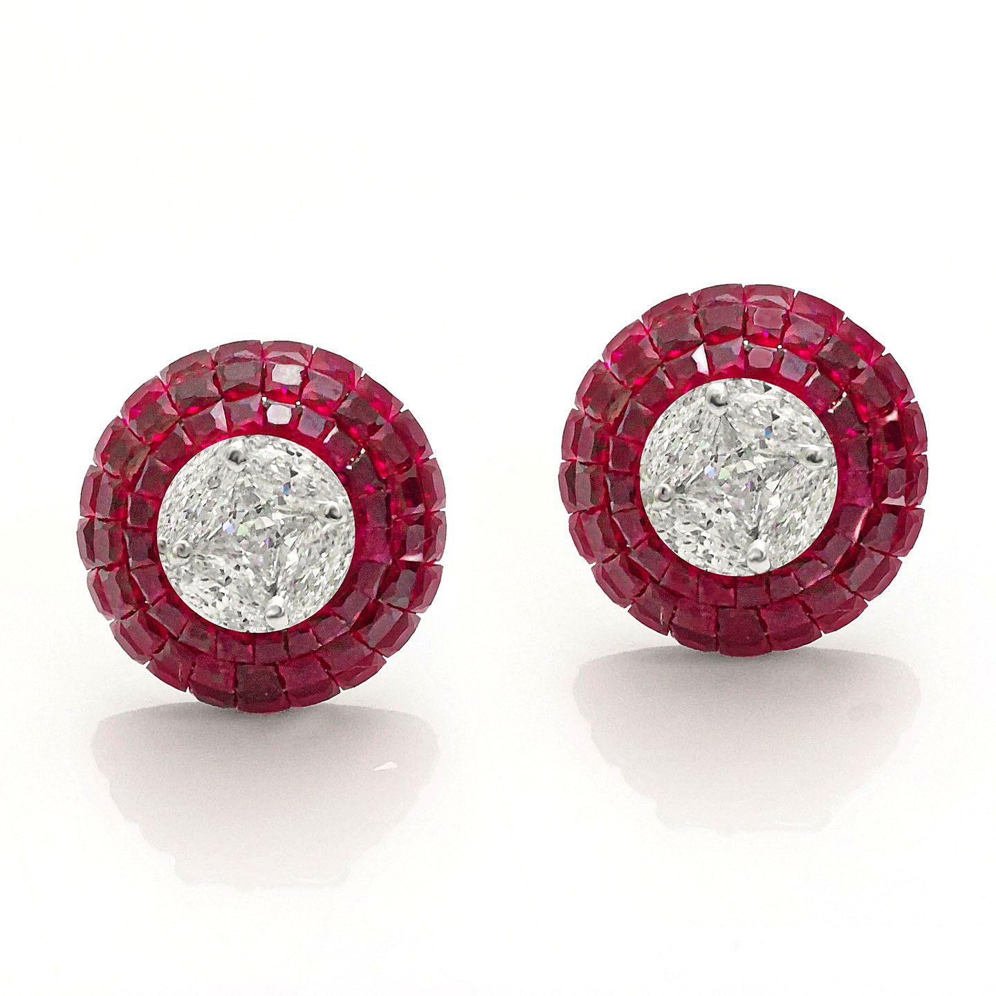 Invisible Setting Round Cut Ruby Sapphire Stud Earrings