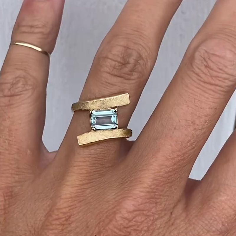 Minimalist Textured 2ct Emerald Cut Sky Blue Aquamarine Split Band