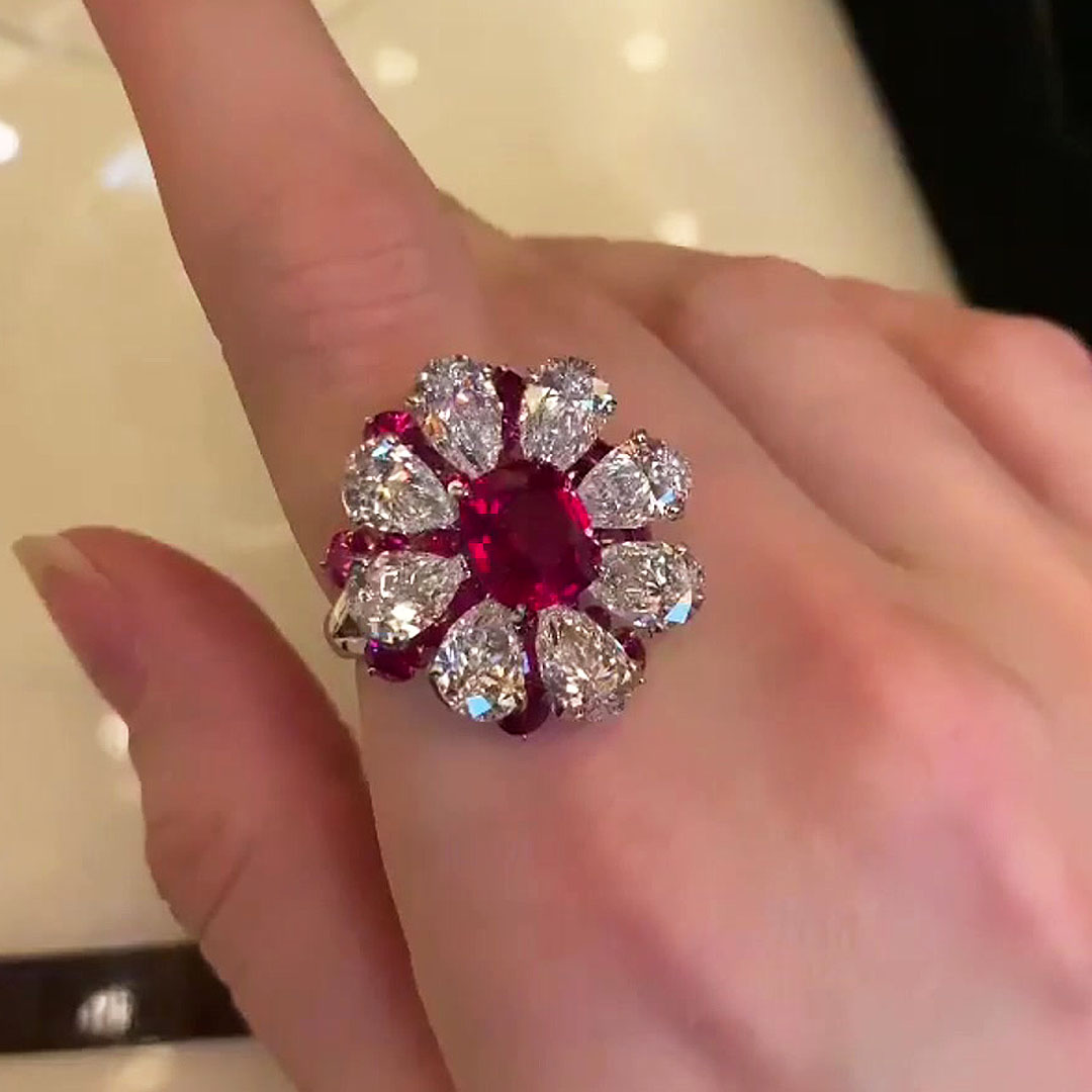 4ct Cushion Cut Ruby Sapphire Halo Flower Engagement Ring