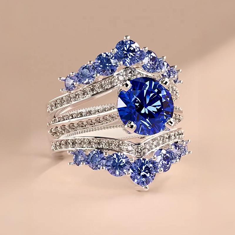 Dramatic Regal 3ct Round Cut Blue Sapphire Ring Set / 2 pieces