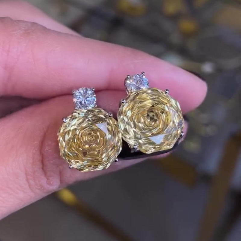 Yellow Sapphire Rose Cut Diamond Accent Stud Earrings
