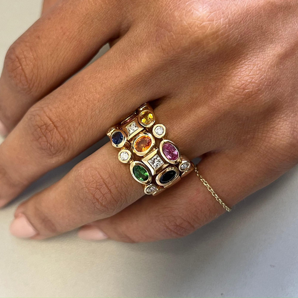 Three Row 5.85ct Rainbow Sapphire Wedding Band